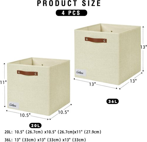 Bagnizer Collapsible Storage Cube Bins - Foldable Organizer with 2 Handles | 13"x13"x13", Beige, 4 Pack
