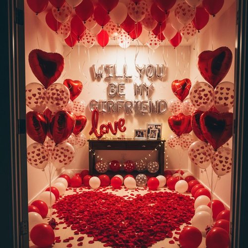 Will You Be My Girlfriend Balloon Letters in Red with Heart Foil Balloons, Rose Petals, Printed Balloons – Romantic Room Setup for Proposal, Be My Girlfriend Sign, Valentine’s Day Decorations
