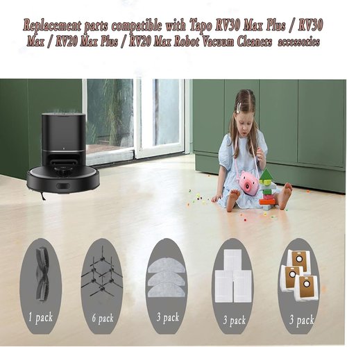 MANYHYAM Replacement Parts for Tapo RV30 Max Plus/ RV30 Max / RV20 Max Plus/ RV20 Max Robot Vacuum Cleaners 16Pcs Accessories 1 Roller Brush 6 Side Brush 3 Dust Bags 3 Mop Pad 3 Filter