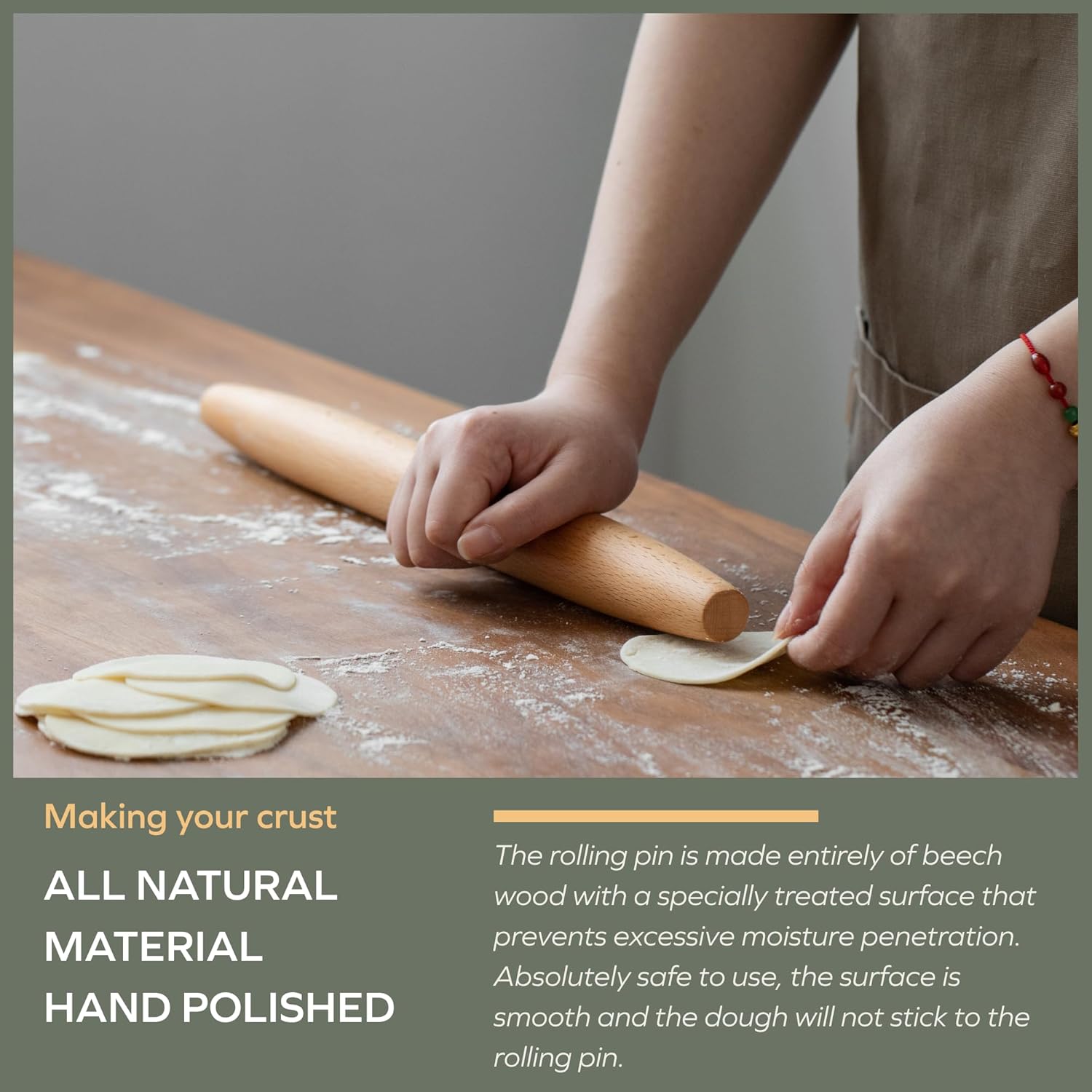 Muso Wood French Rolling Pin - Beech Wood Tapered Design for Baking | 15.75-Inch Length