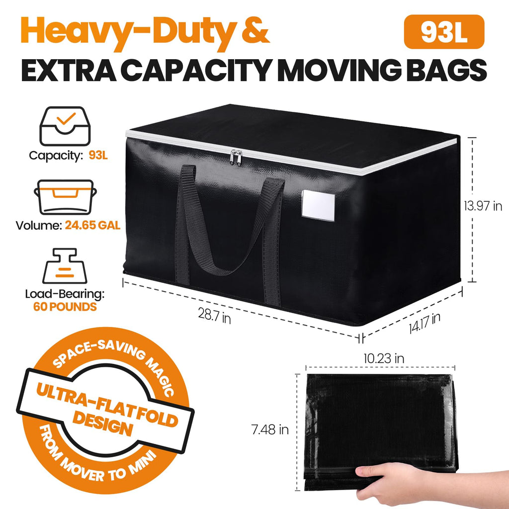StoreHappily Heavy-Duty & Extra Capacity Moving Bags with Backpack Straps, Storage Totes with Double Zipper & Strong Handles, Packing Bags Alternative to Moving Boxes, Moving Supplies (6 Pack, Black)