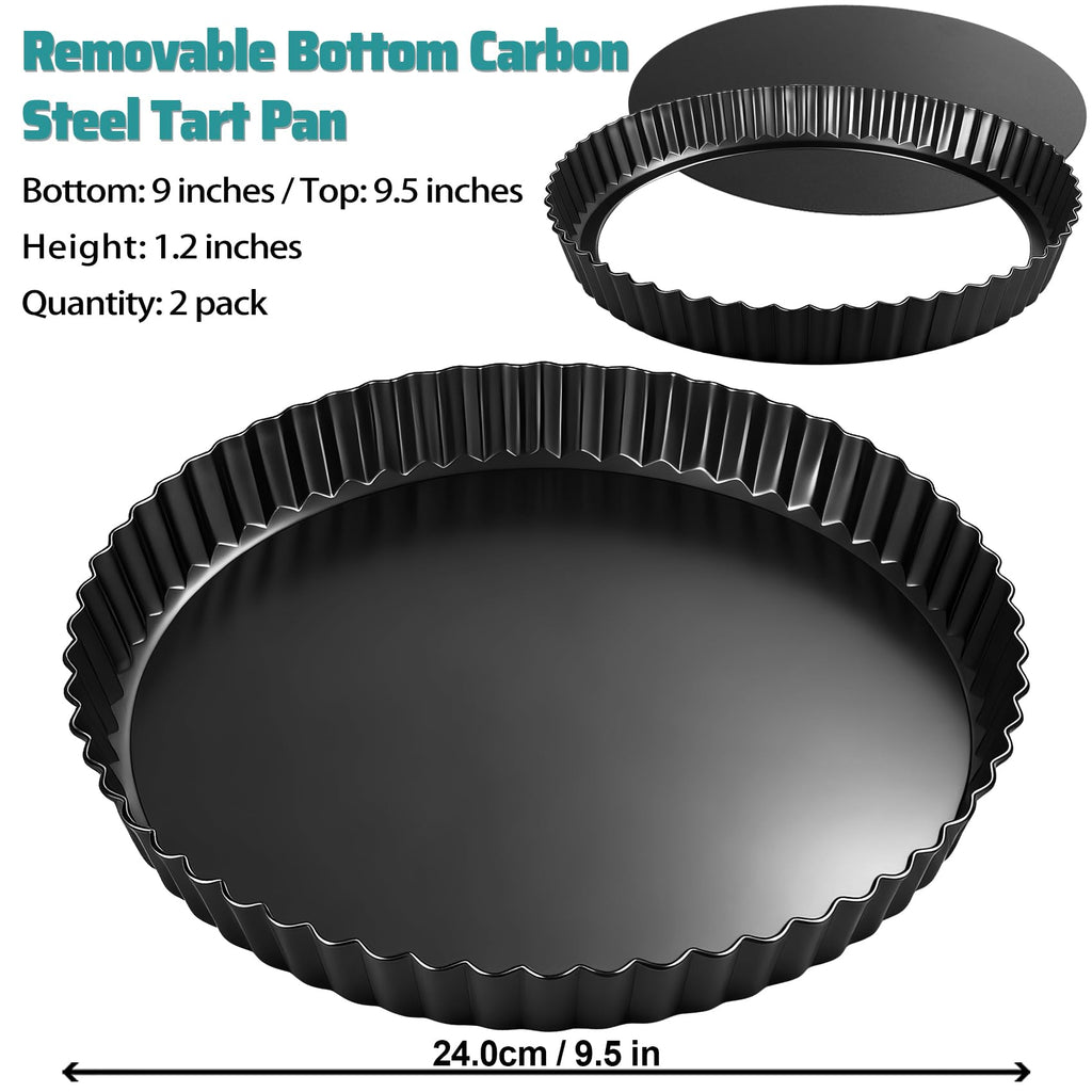 Tart Pan 2 Pack, 9 Inch Non-Stick Carbon Steel Pie Pan, Tart Pans with Removable Bottom -Top 9.5 inches, bottom 9 inches, 1.2 inches deep - Perfect Molds for Making pie, Fruit Tarts with Grooved Edges