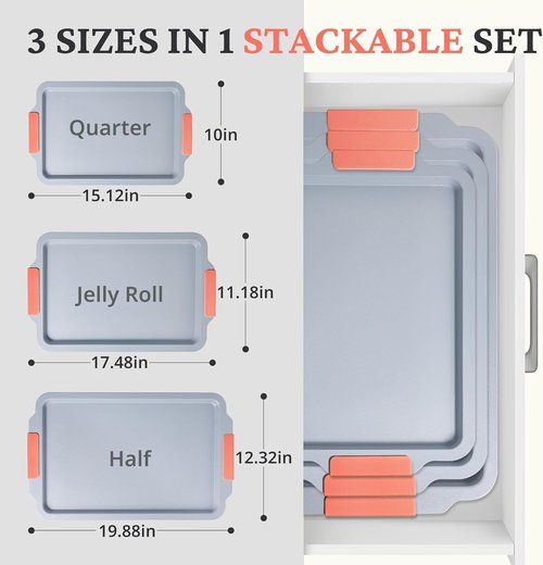 BRONYPRO Non-Stick Ceramic Baking Sheet Set - Heavy-Duty PFOA & PTFE Free Cookie Trays | 3-Piece Coral