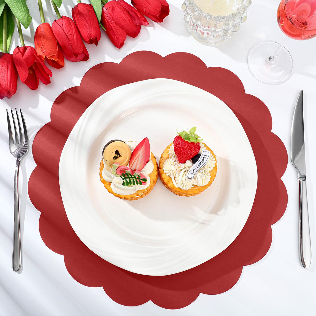 60 Pcs Red Paper Placemats, 13.5 Inch Mother's Day Placemat Disposable Scalloped Place Mat Round Table Place Mats Decorative Paper for Mothers Day Anniversay Birthday Wedding Banquet Holiday Party