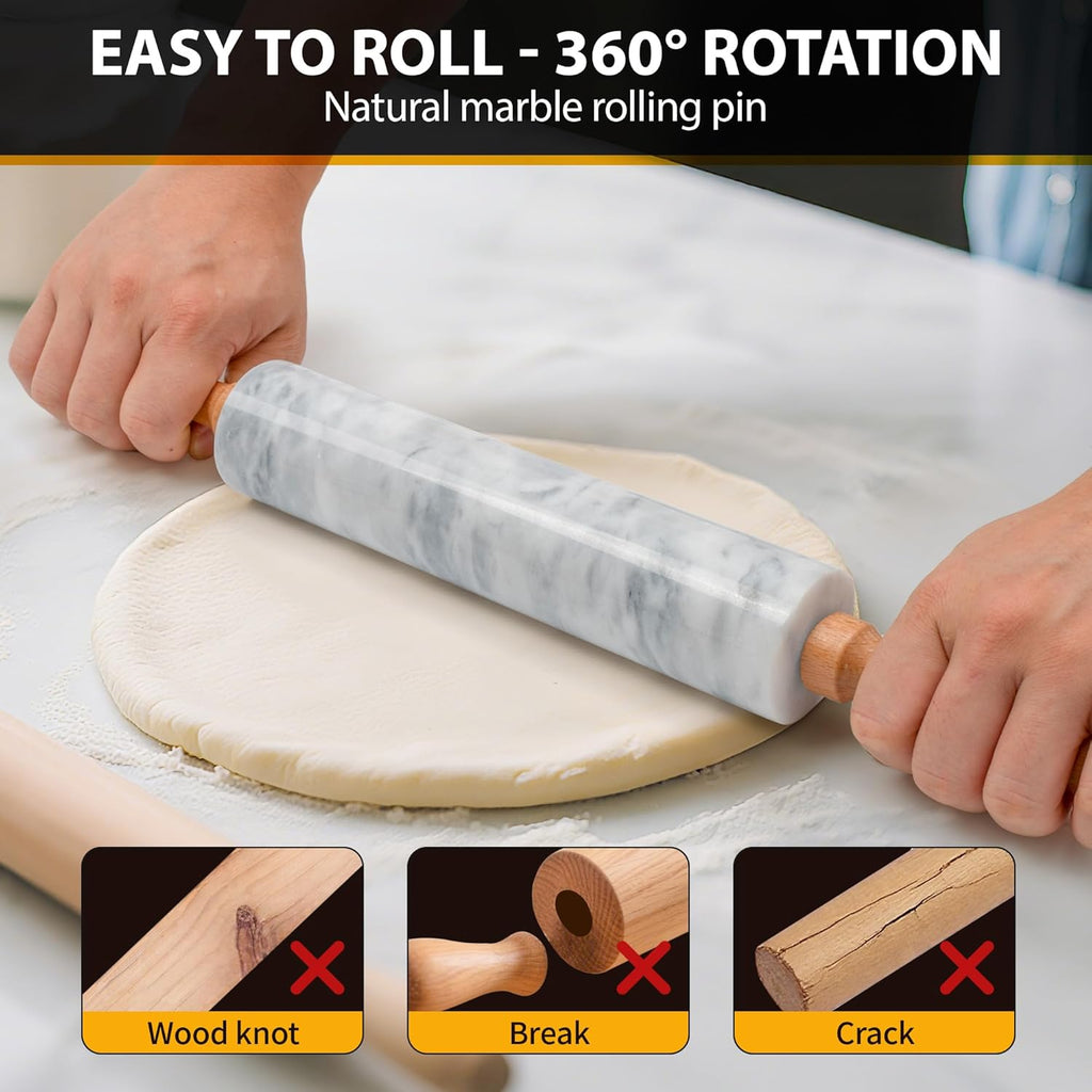 Skiennix Marble Rolling Pin - 16.7 Inches with Wooden Handles & Cradle | Ideal for Pizza Dough, Pasta, Cookies & More!