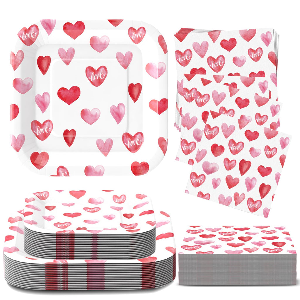 Glinarious Valentines Day Plates and Napkins Sets, Square Valentine Plates 9" Heart Plates 7" for Valentines Day Party Decorations