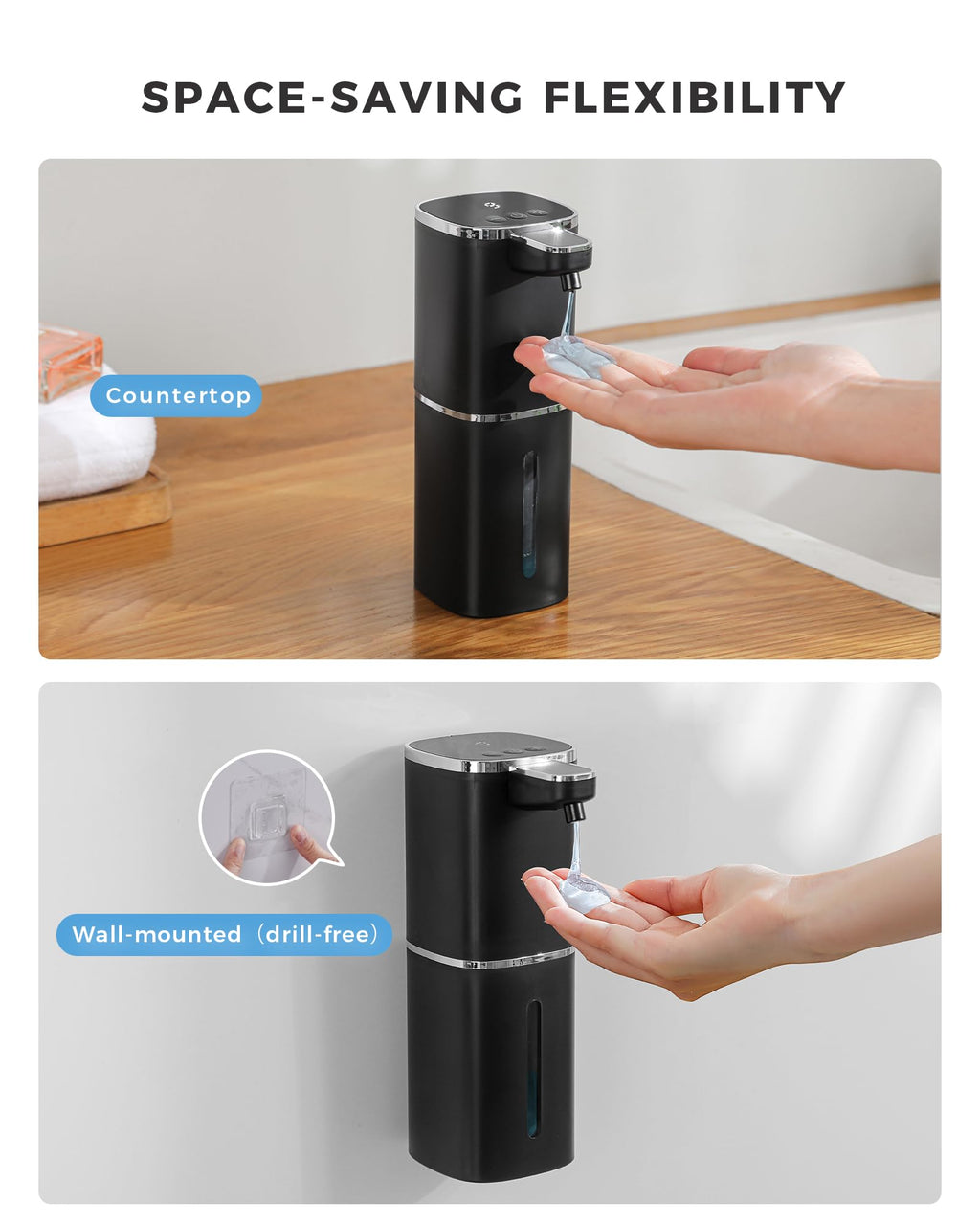 Automatic Liquid Soap Dispenser, 13.5oz/400mL, USB Rechargeable, 9-Level Adjustable, IPX5 Waterproof, Touchless & Wall/Tabletop, Compatible with Thick Thin Dish Soap for Kitchen Bathroom, Black