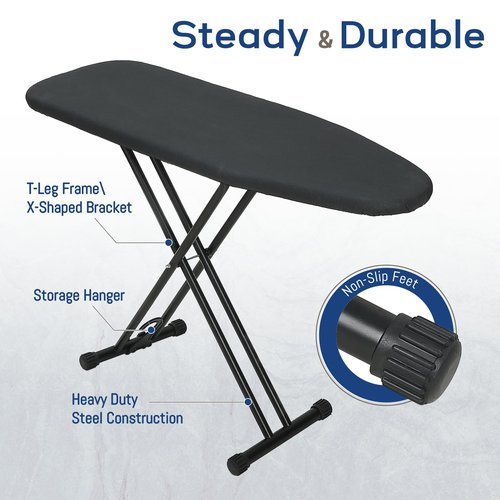 Ironing Board 43x13 with Iron Rest, RAINHOL Compact Iron Board Full Size with Thick Cover and Pad, Easy Storage Hanger with Heat-Resistant Silicone Pad, Space Saving and Height Adjustable, Black