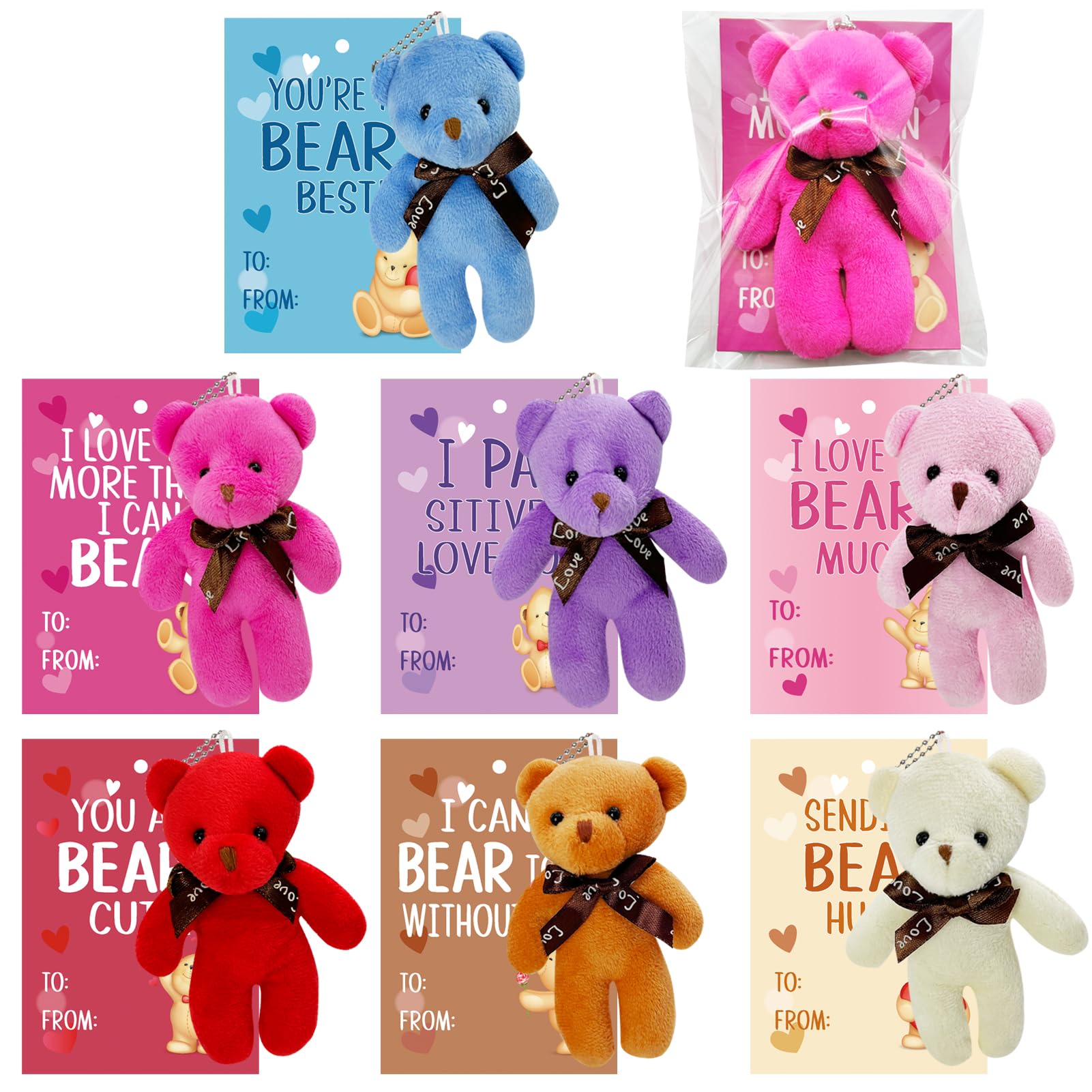 AouEtnay 28 Pack Valentines Day Gifts Cards with Plush Bears Toys, Mini Stuffed Animals with Valentine's Greeting Cards for Kids Classrom School Exchange Prize Party Favors