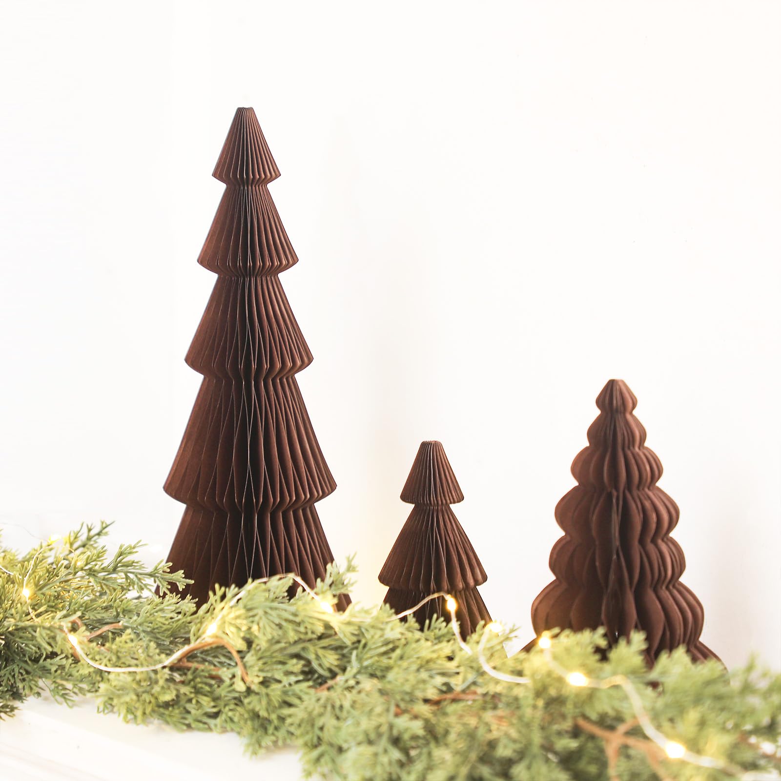 ReliThick 6 Pcs Paper Christmas Tree Decor 3D Honeycomb Trees Table Centerpiece for Modern Christmas Mantel Decorations Home Xmas Holiday Party Decorations (White, Brown)