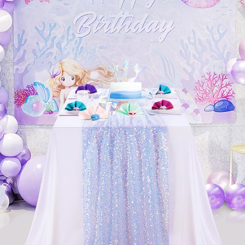 B-COOL Sequin Table Runner Iridescent Blue Table Runners 25x120inch 4 Packs Elegant Table Runners for Wedding Birthday Mermaid Party Ceremony