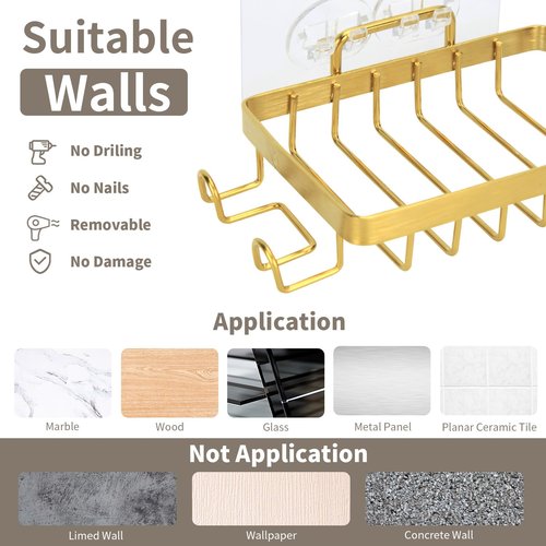Snailhouse Soap Dish for Shower, Wall Self Draining Adhesive Hanging Stainless Steel Bathroom Bathtub Bar Soap Holder Tray Caddy with 2 Hooks, Gold