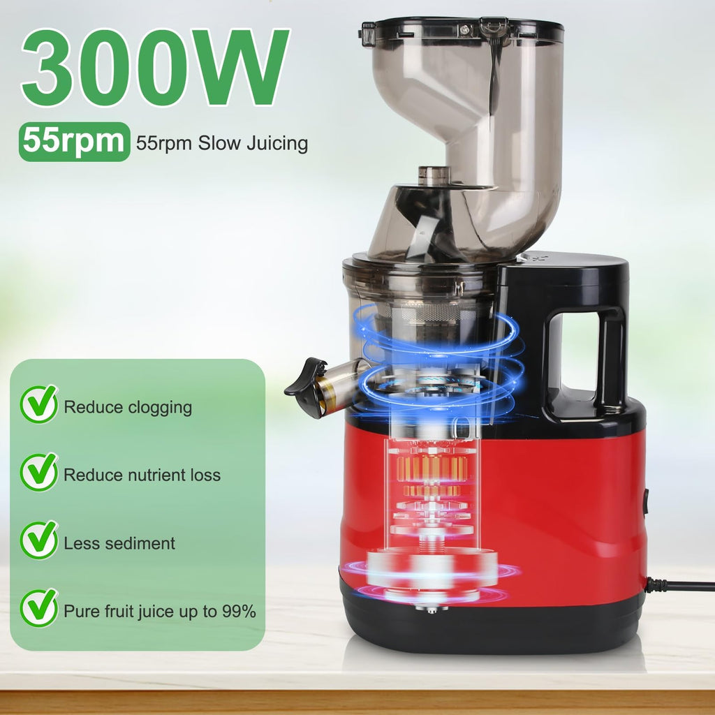 TeqHome Cold Press Juicer,300W Electric Masticating Juicer Machines with 3" Large Feed Chute for Whole Fruits and Vegetables,Upgraded High Juice Yield Juice Extractor Machine with 2 Cups,Easy to Clean