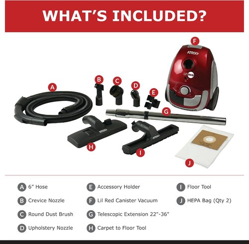 Atrix Lil Red Canister Vacuum - Portable Design with 2 Quart HEPA Filter & Variable Speed Motor
