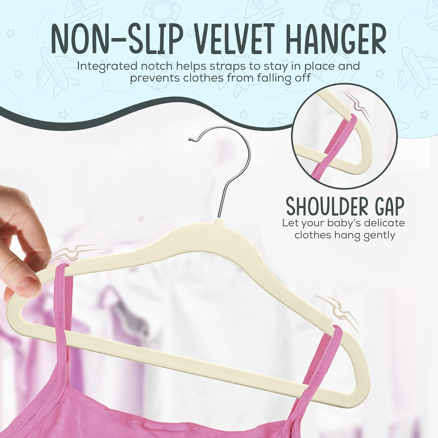 TechZoo 50 Premium Baby Velvet Hangers - Non-Slip, Ultra-Slim Space-Saving Design - 360° Swivel Hook, Ivory
