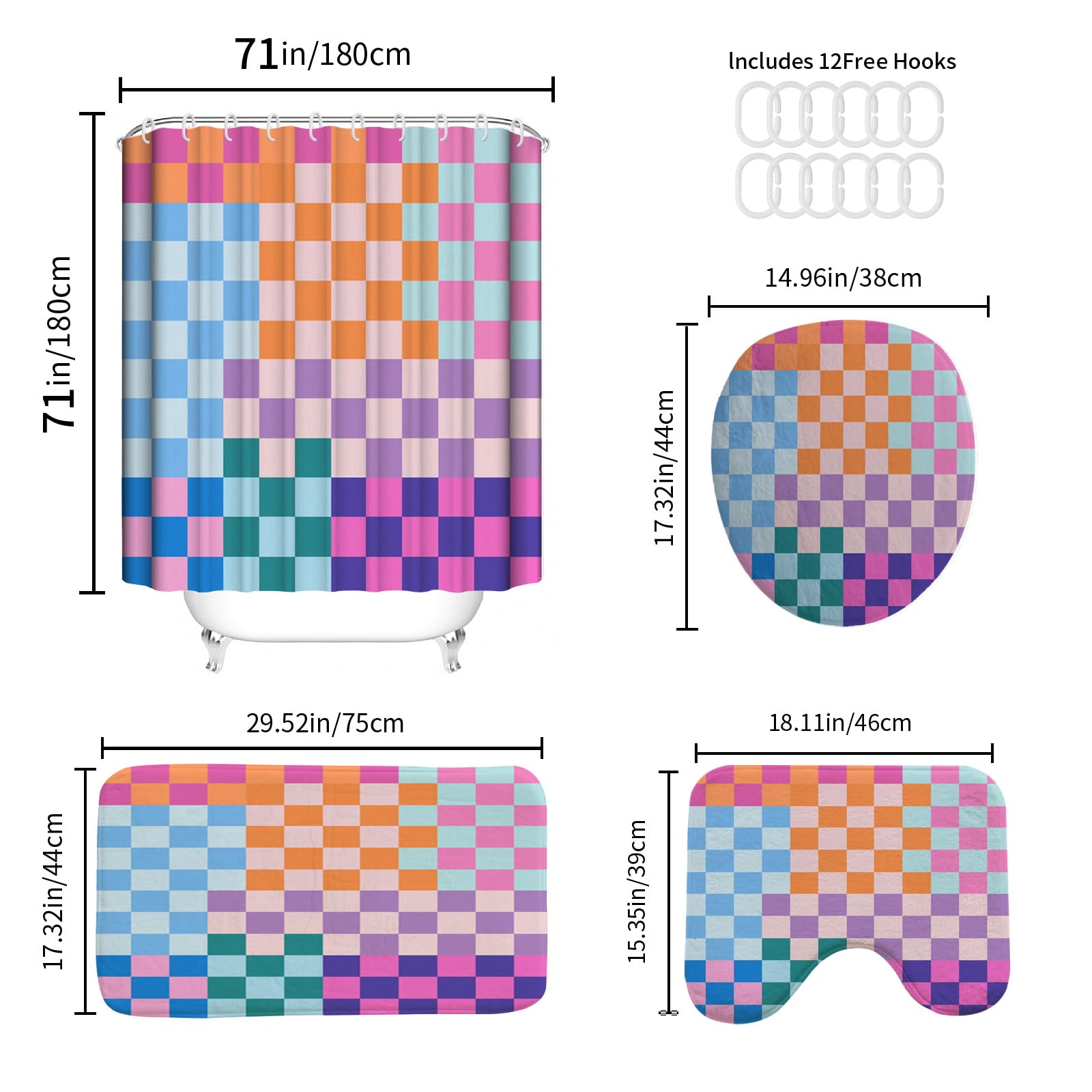 Vostolaiv 4 PCS Checkered Shower Curtain Sets Fun Gingham Bathroom Sets Soft Non Slip Bath Rugs Toilet Cover U-Shaped Mat Retro Bright Waterproof Shower Curtains with 12 Hooks for Tub Toilet, Colorful