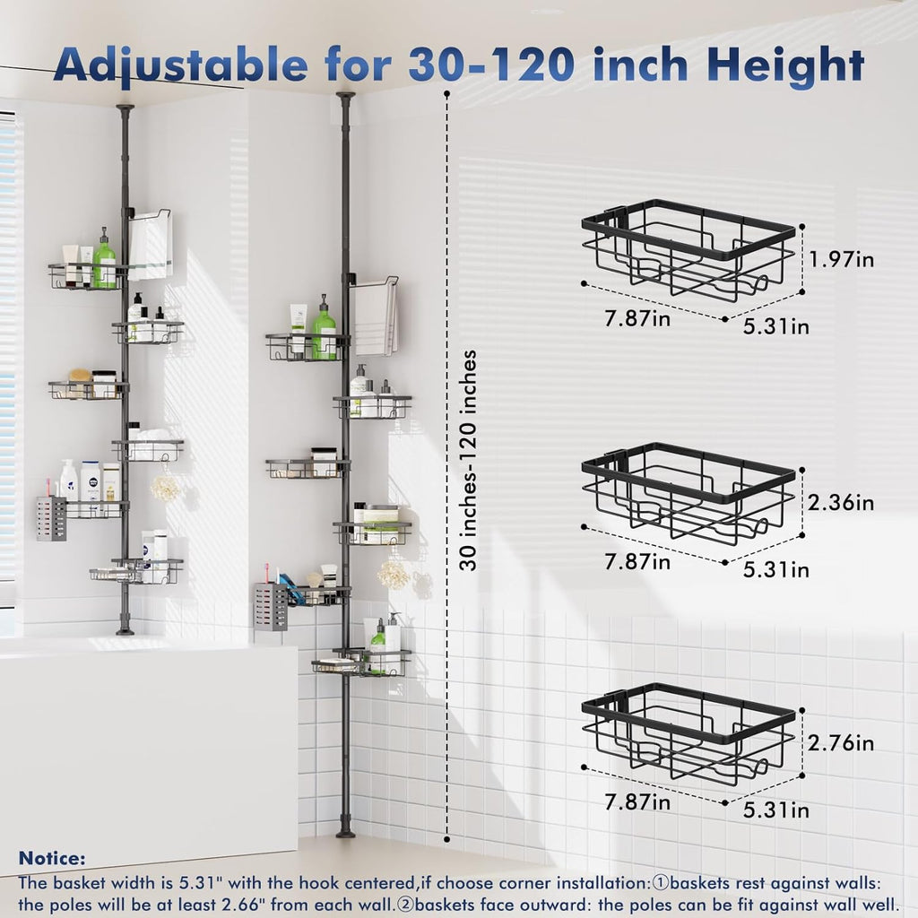 Shower Caddy Organizer - Rustproof Tension Pole with Adjustable 30-120 Inch Rack | 6-Pack Corner Shelf, Towel Bar & Soap Dish in Black