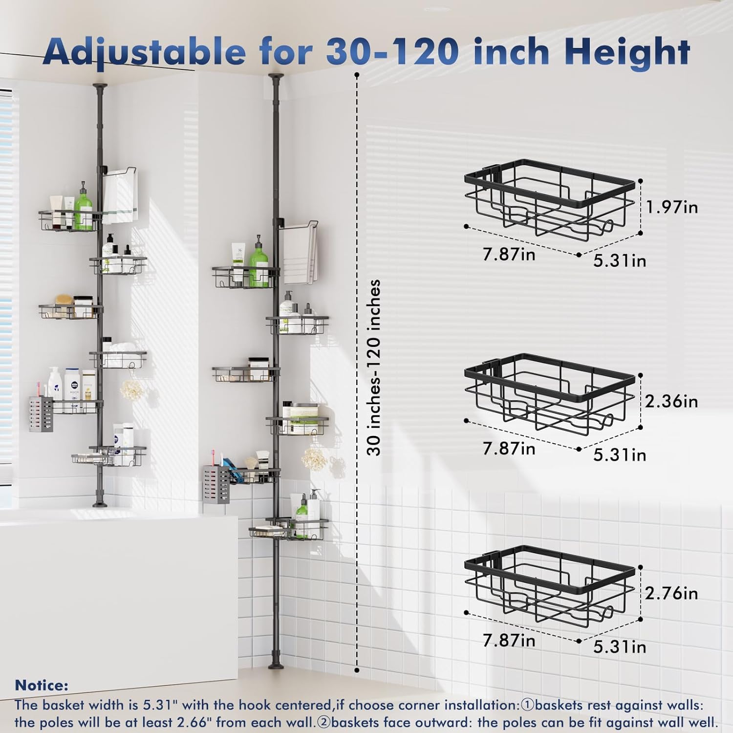 Shower Caddy Organizer - Rustproof Tension Pole with Adjustable 30-120 Inch Rack | 6-Pack Corner Shelf, Towel Bar & Soap Dish in Black