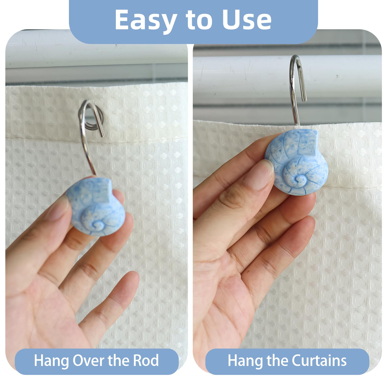 Seashell Decorative Shower Curtain Hooks, Fashion Shower Curtain Rings, Ocean Shower Curtain Hangers, 12PCS Shower Hooks for Shower Curtain, Bathroom, Bedroom, Living Room, Home Decor