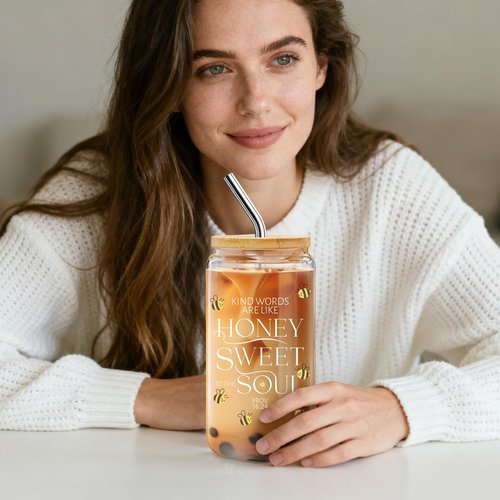 Christian Glass Tumbler Gifts for Bee Lovers - 'Kind Words are Like Honey' Inspirational Bible Verse 16oz with Lid & Straw, Sweet Present for Beekeeper, Teacher, Mom -m10
