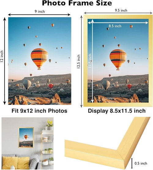 JCJMY 9x12 Picture Frame - Gold Wall Hanging Frame with Shatter-Resistant Plexiglass | Horizontal & Vertical Display