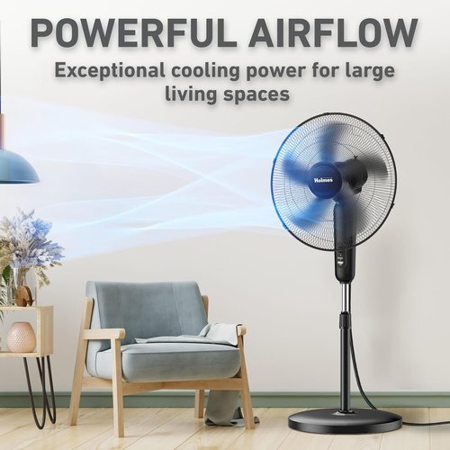 Holmes 18 Inch Oscillating Stand Fan - Powerful 3-Speed Airflow with Adjustable Height & 30° Tilt - Black