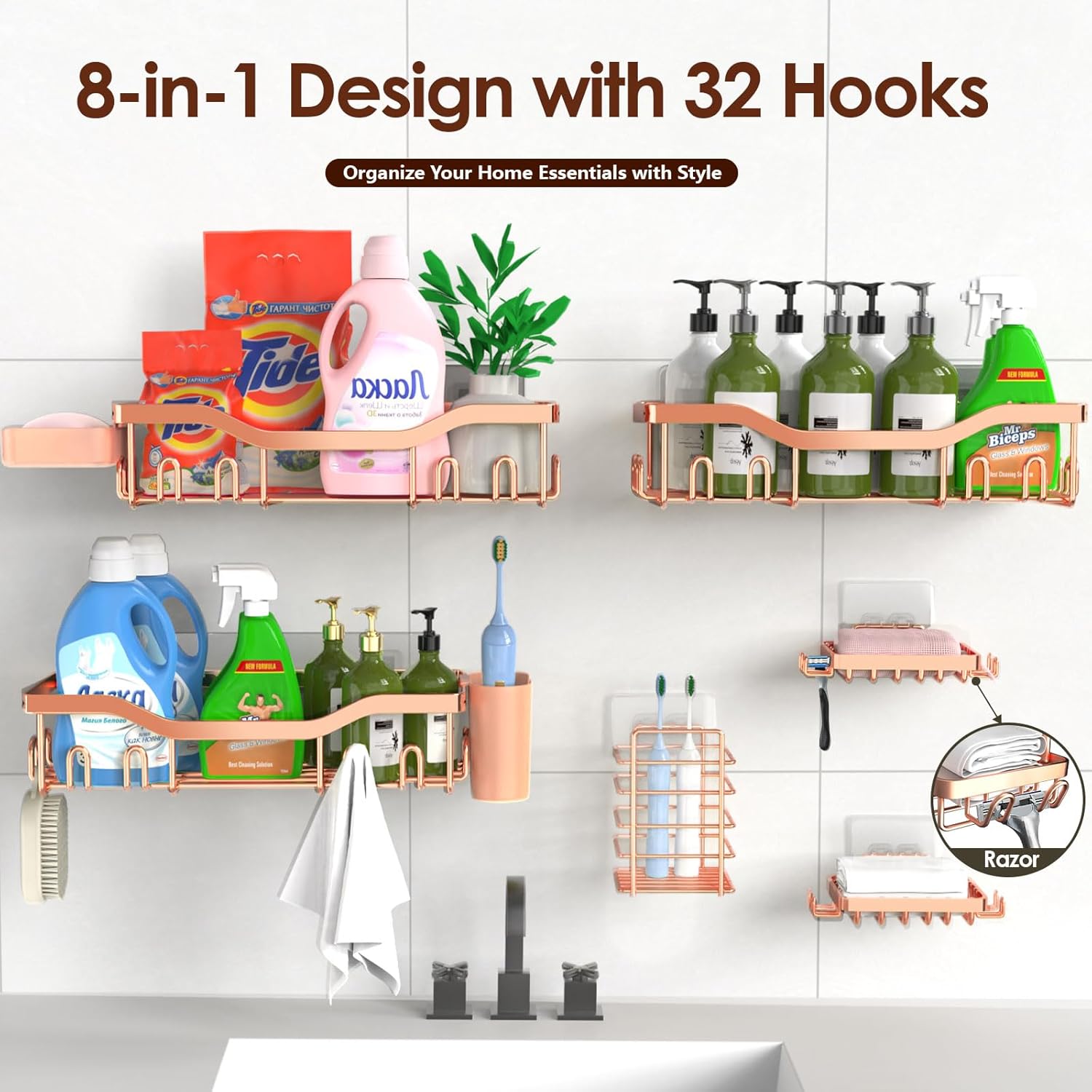 NESOMI Shower Caddy - Rustproof Stainless Steel Organizer with Soap Dish & Hooks | 8-Pack, No-Drill Storage