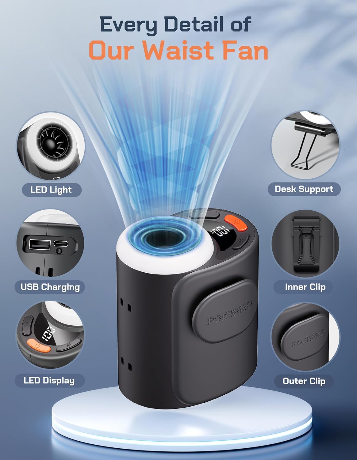 POKISEED Portable Fan - 10000mAh Rechargeable Battery | 40H Runtime & 5-Speed Turbo Cooling - Black