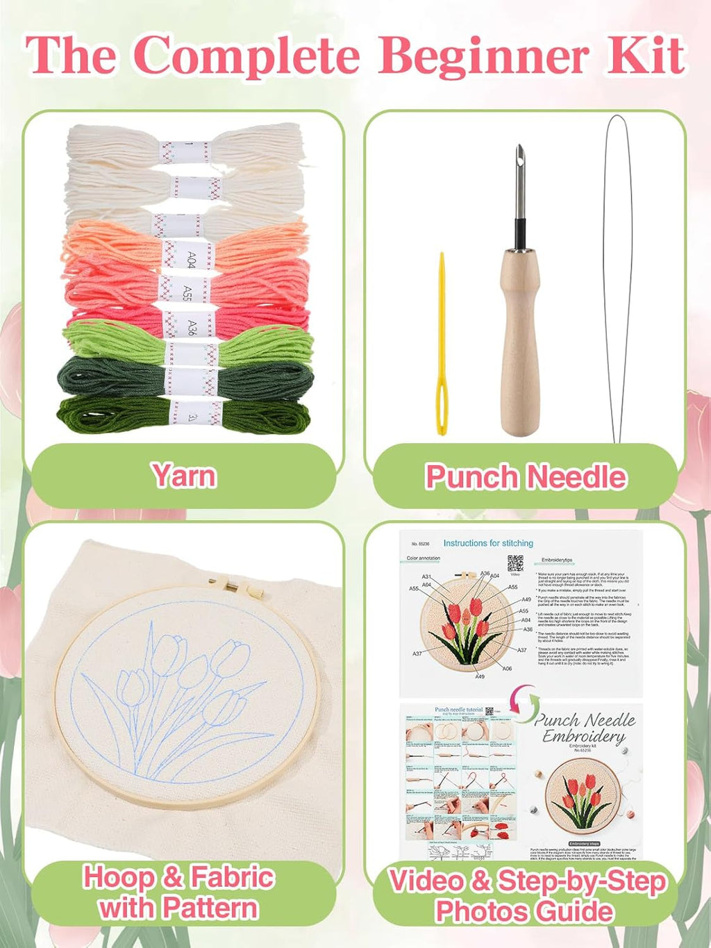 Tulip Punch Needle Kit for Beginners - Step-by-Step Guide, Fabric, Hoop, Needle & Yarns Included