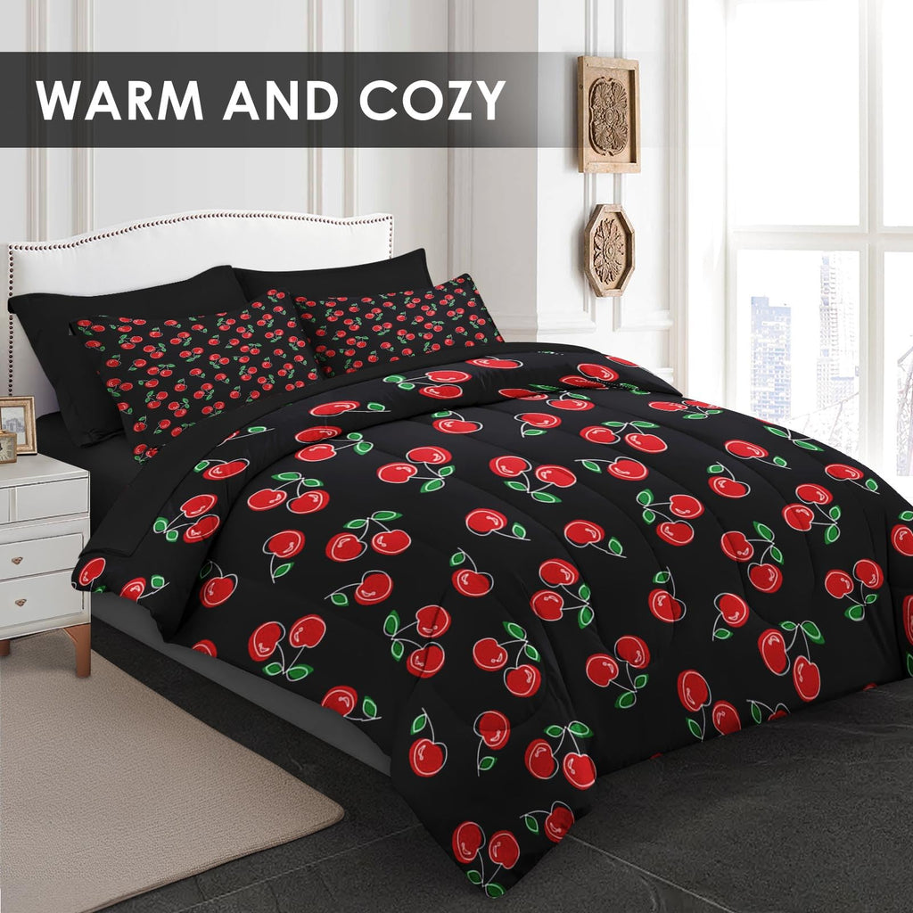 Nesker 7 Pcs Comforter Set Queen Size, Red and Black Bedding for Kids Teen, Cherry Fruit Bed Sheet with Pillowcase & Sham