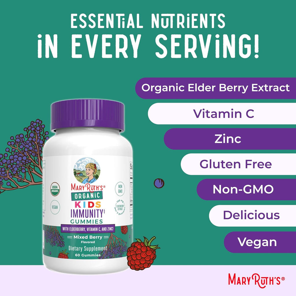 MaryRuth Organics Kids Immune Support Gummies - USDA Organic Vitamin C, Zinc & Elderberry | Vegan, Non-GMO, Gluten Free | 60 Count