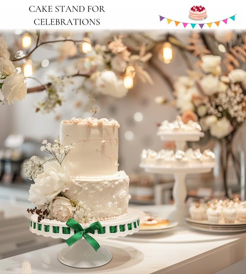Ceramic Cake Stand, 12inch cake decoration supplies, Cake Pedestal Stand with 6 Ribbons, Cake Stands for Party or Birthday, White Cake Platter - Cake Display Stand for Wedding Reception, Pie Stand