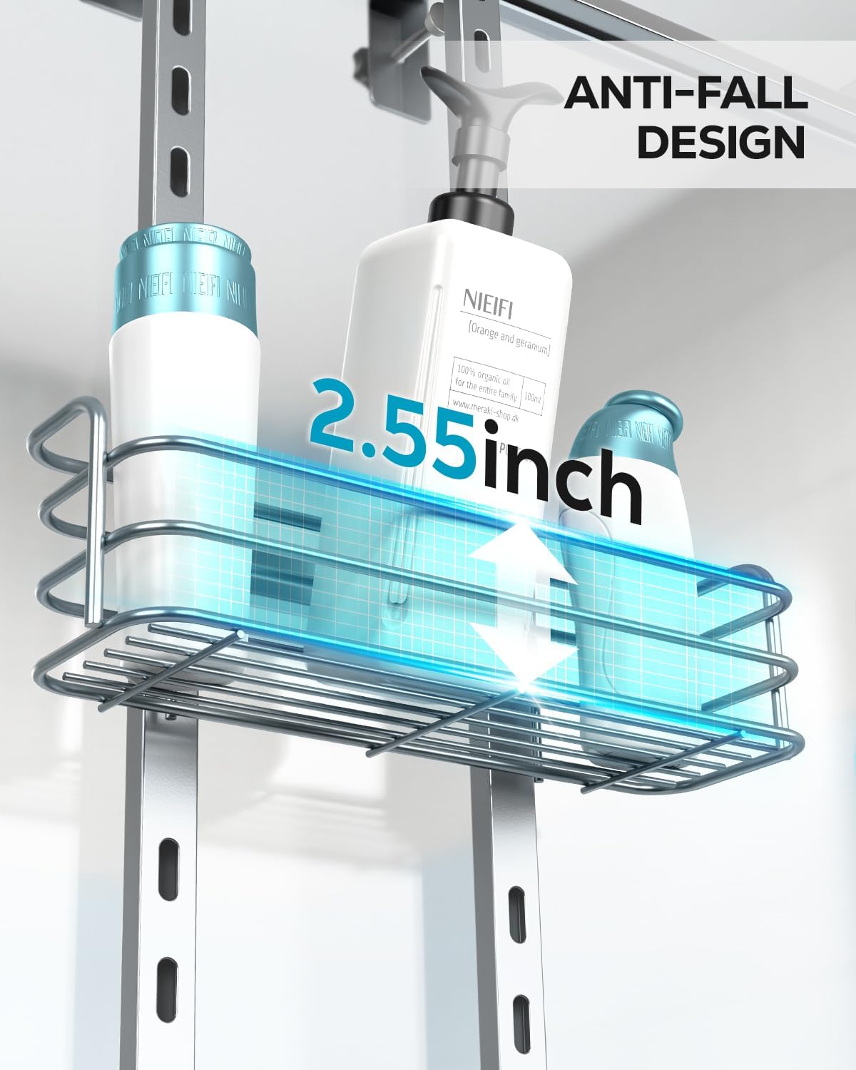 Nieifi Over The Door Shower Caddy - Adjustable Bathroom Organizer Rack | Extra Large Silver Shelf