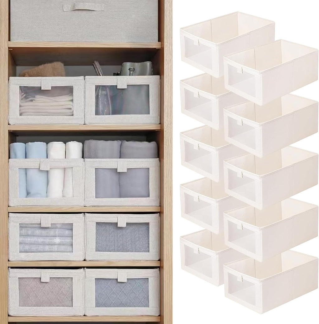 Skiennix Linen Closet Organizers - 10 Pack Foldable Storage Bins with Clear Window for Clothing & Jeans