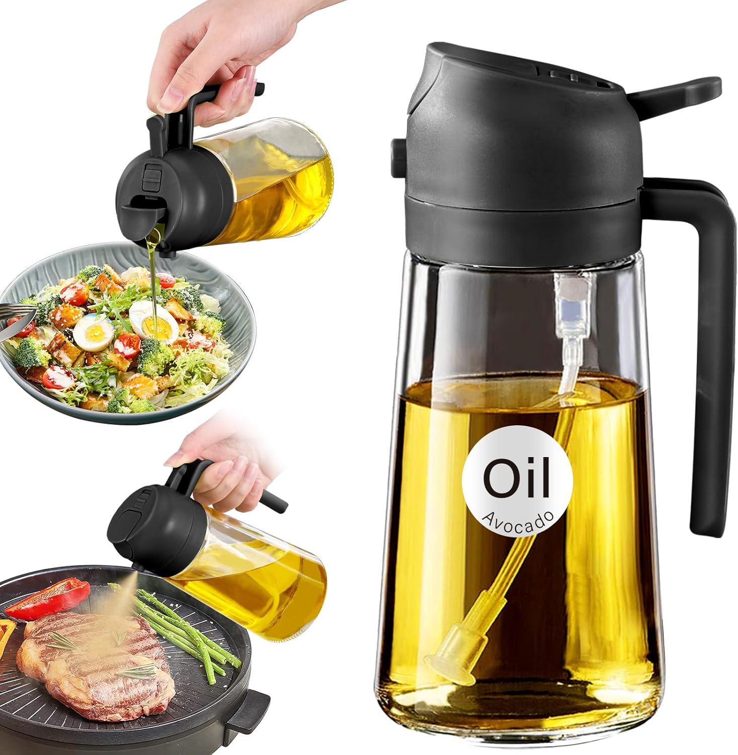 YARRAMATE Glass Olive Oil Sprayer - 16oz with Black Finish | Includes 180ml Measuring Cup & Milk Frother