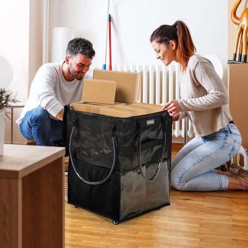 Reusable Grocery Bag On Wheels Large Capacity Shopping Trolley Foldable Rolling Tote with Outside Pocket, Heavy Duty Handle (Black, Large)