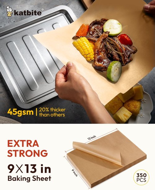 Katbite Parchment Paper Sheets - 350 Pcs Heavy Duty Unbleached Non-Stick Baking Paper | 9x13 In for Oven & Air Fryer