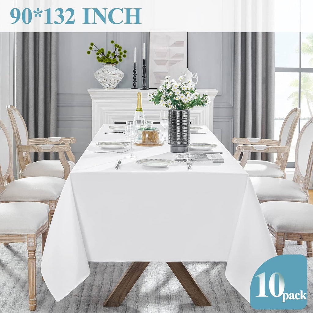 VidaFete Table Cloth - 90x132 Inch Rectangle Polyester | Stain & Wrinkle Resistant for Dining & Events - White (10 Pack)