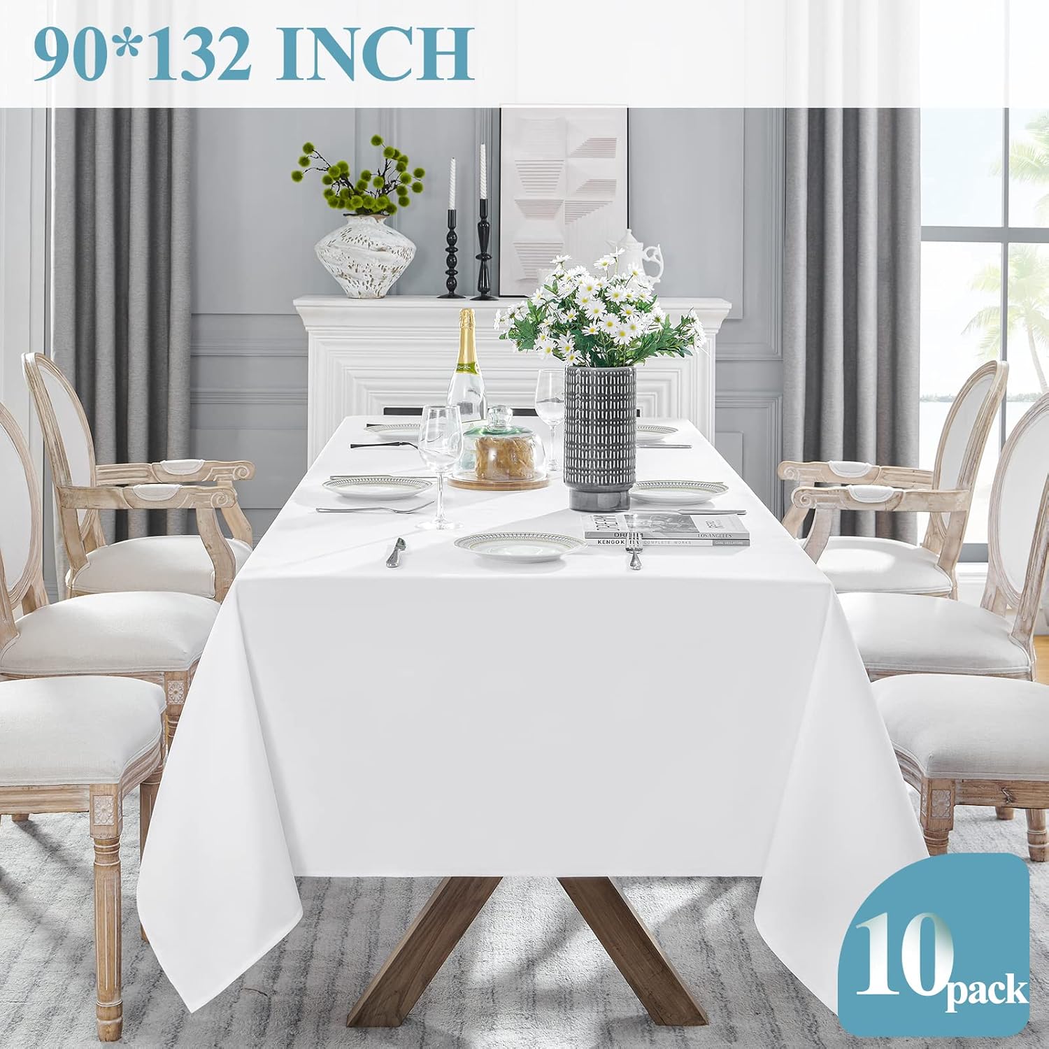 VidaFete Table Cloth - 90x132 Inch Rectangle Polyester | Stain & Wrinkle Resistant for Dining & Events - White (10 Pack)
