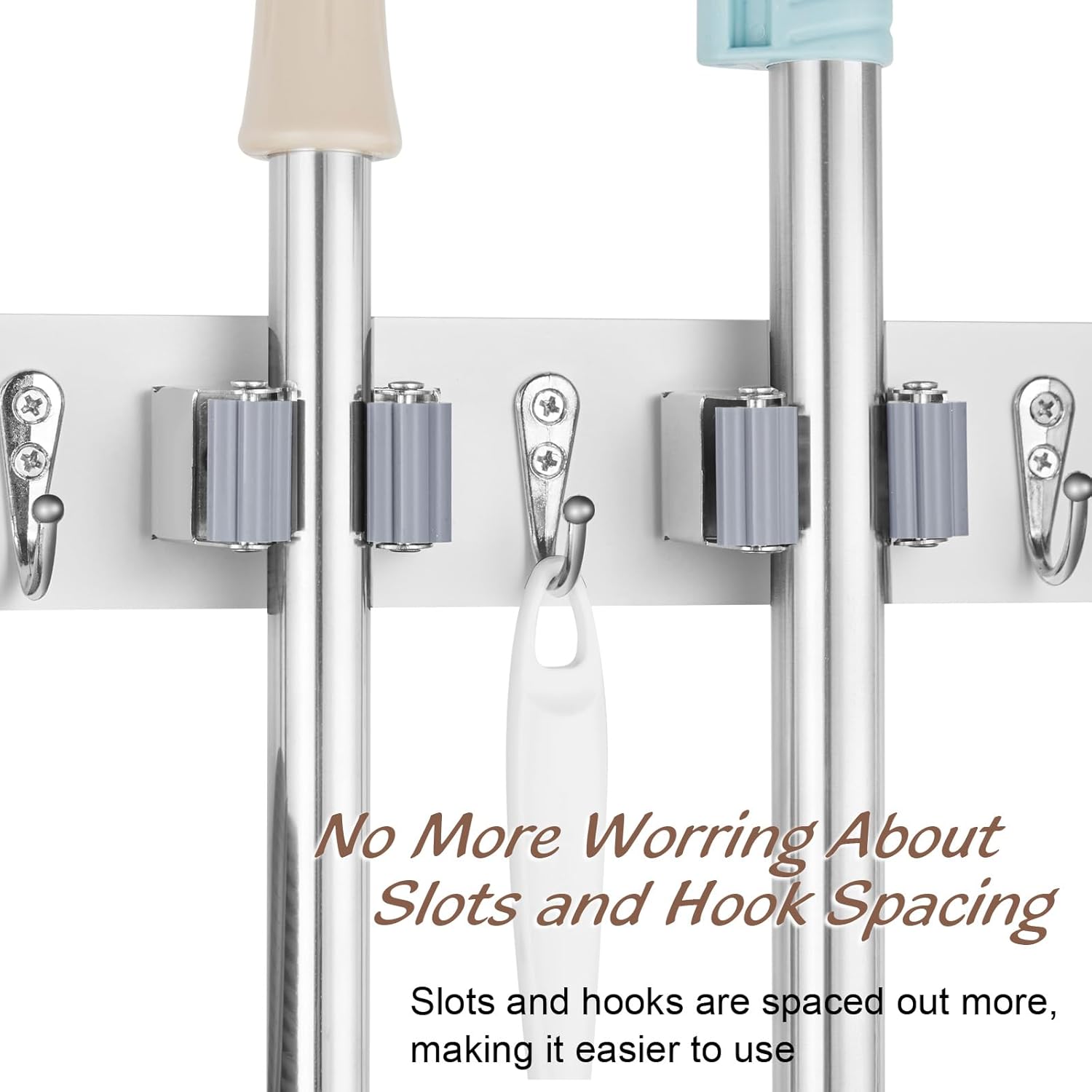 OUTNILI Wall-Mounted Mop Broom Holder - 3 Slots & 4 Hooks for Kitchen & Garden Organization | Durable Wood Design