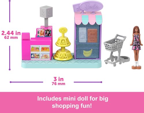 Barbie Mini BarbieLand Supermarket Playset - 1.5-Inch Doll, Shelves, Checkout & Cart for Imaginative Play