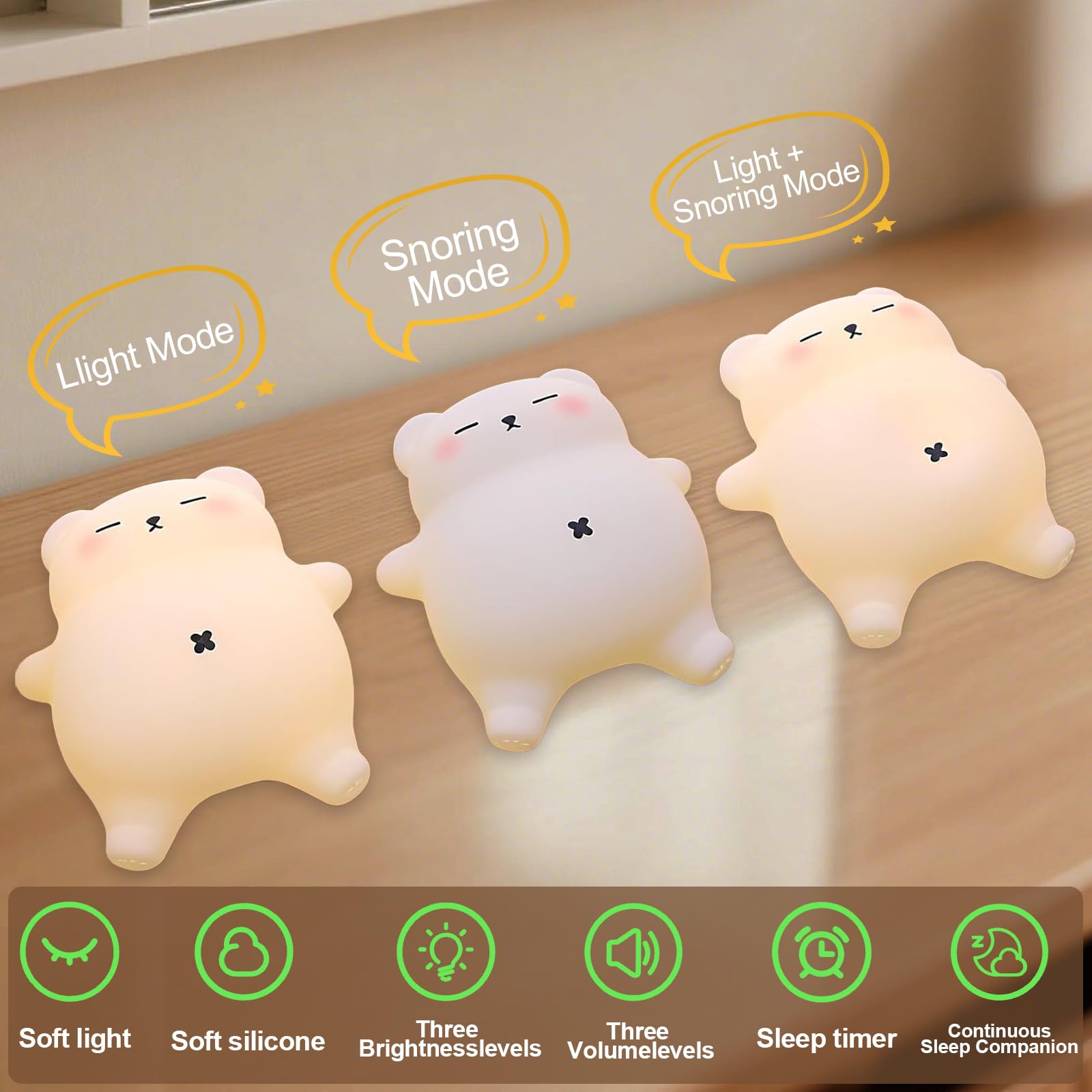 MAGOHMT Squishy Night Light for Kids, Bear Silicone Night Light - Rechargeable with Soothing Snore Sounds & Moving Tummy, 3-Level Dimming Touch Control
