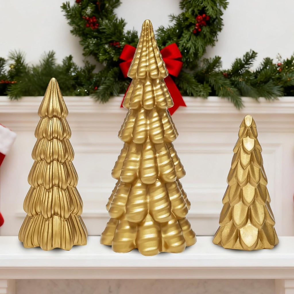 Warmtree Gold Christmas Tree Figurines Set - 3 Pcs Small Resin Tabletop Decor for Indoor Holiday Home Styling