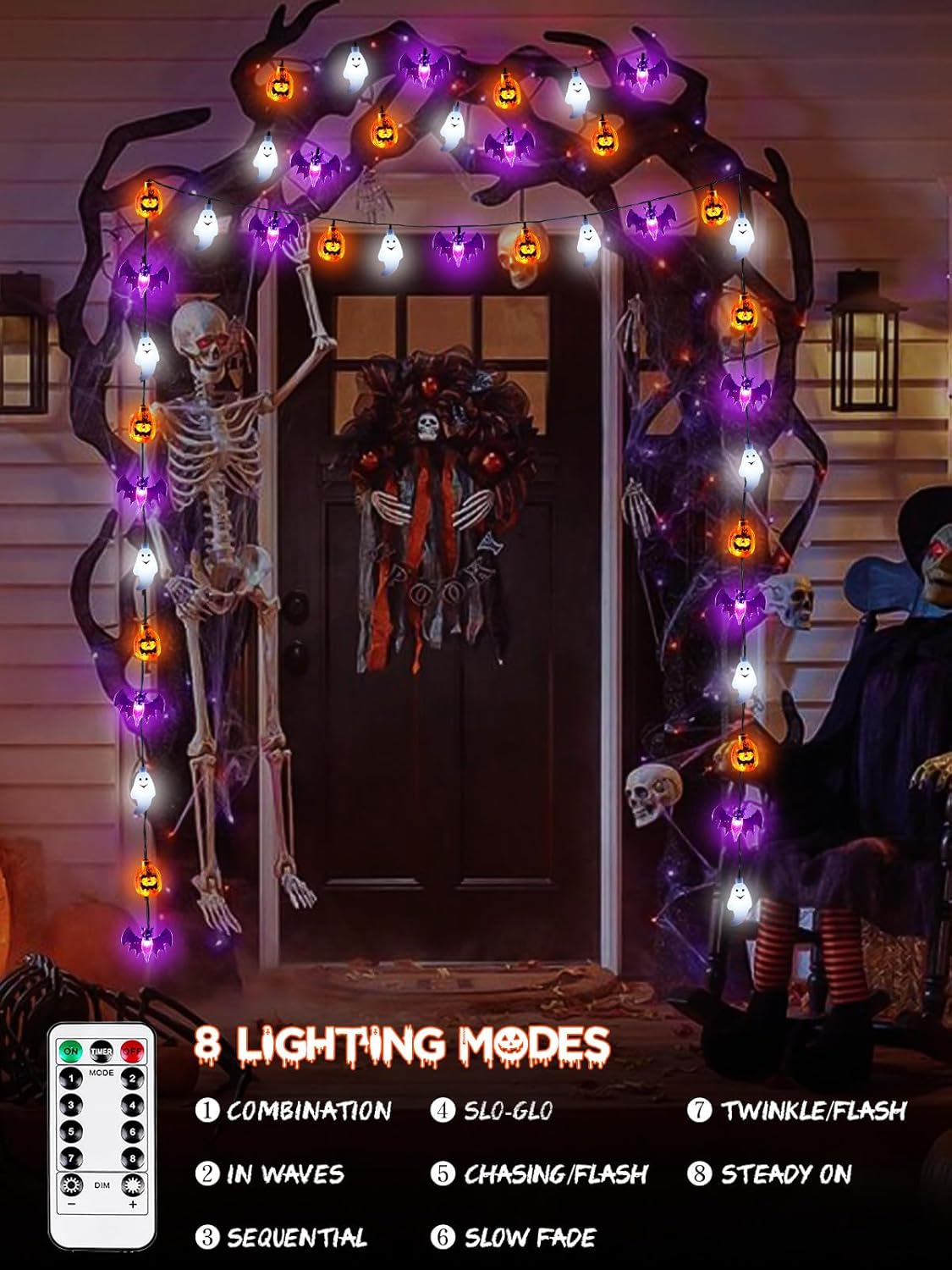 Skiennix Halloween String Lights - 3D Pumpkin, Bat & Ghost Fairy Lights | Battery Operated, 30 LEDs, Waterproof, 8 Modes & Timer for Indoor/Outdoor Decor