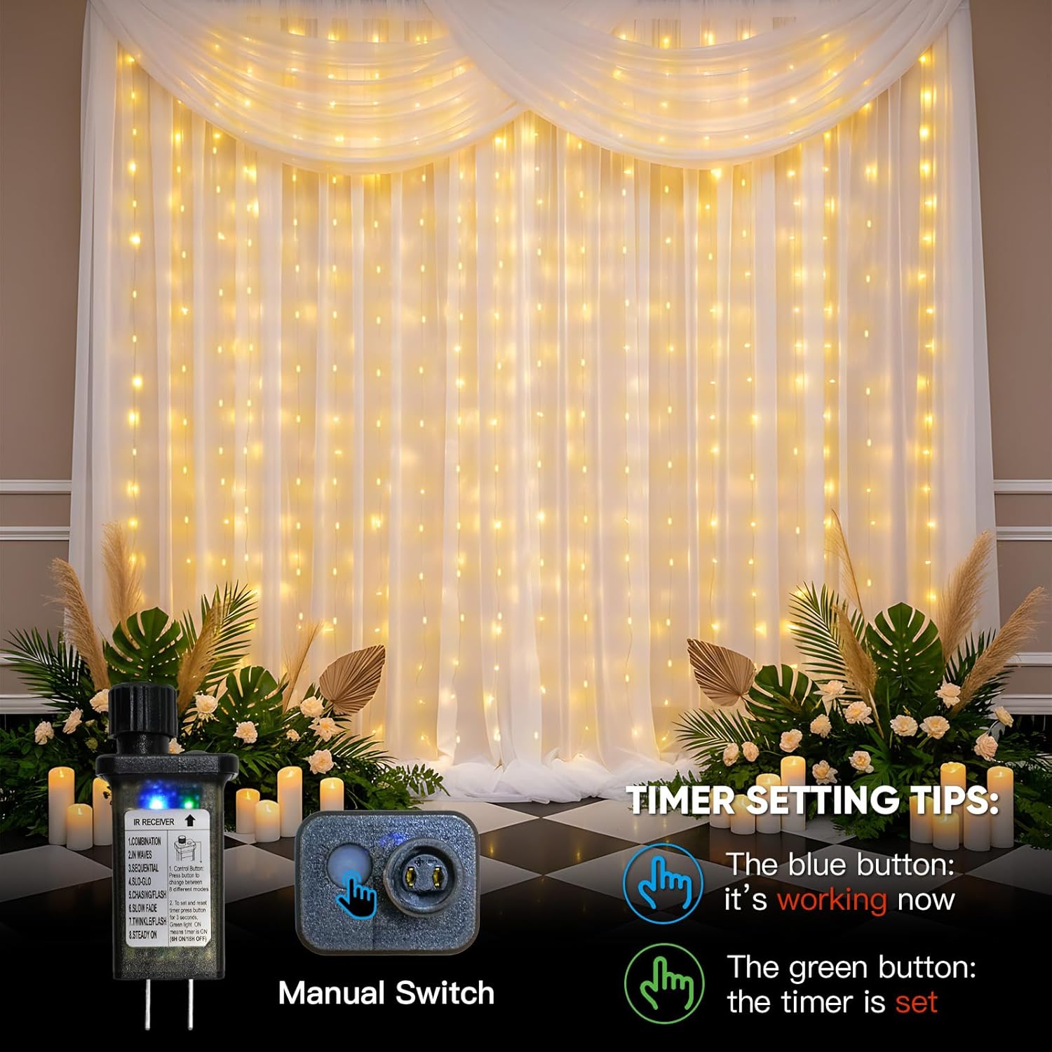 Suddus Tangle-Free Curtain Lights - 400 LED Waterproof Hanging Lights for Christmas & Events | Warm White