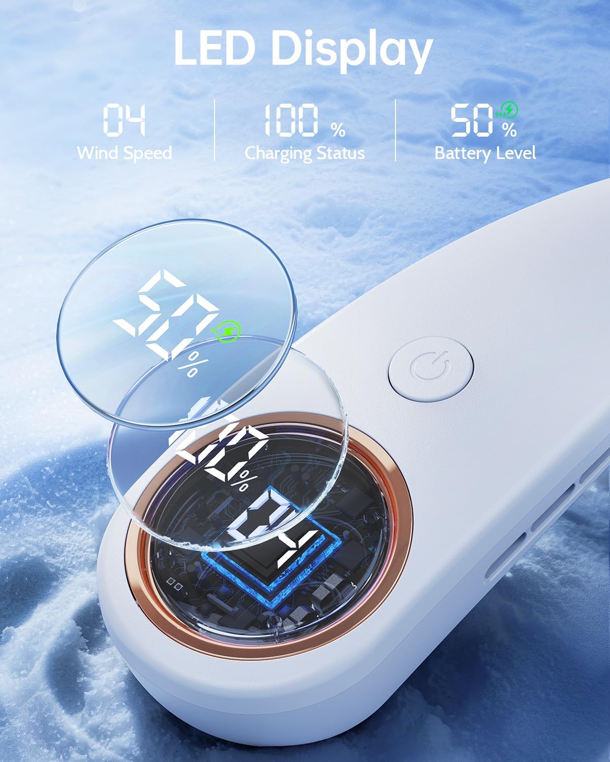 Neck Fan - Bladeless Portable Cooling Neck Fan with LED Display & 4 Speeds | 5000mAh USB Rechargeable (White)