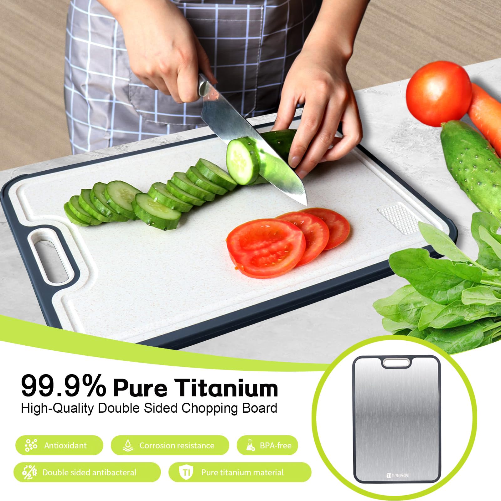 Titanium Cutting Board, Titanium Cutting Boards for Kitchen Food Grade Metal Meat Cutting Boards Non Toxic, Pure Cut Titanium & Wheat Straw PP Double Sided Chopping Board, Large 15.2”×10.5” (1 Pcs)