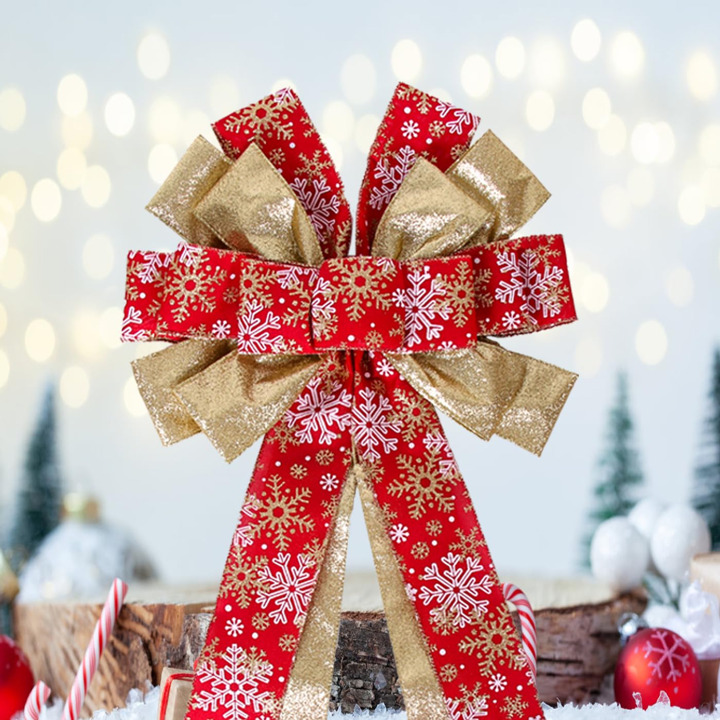 Christmas Tree Topper Wreath Bow Large Christmas Bow Tree Topper 52"x13" Red Gold Snowflake Patterned Gift Bows for Xmas Holiday Home Wedding Thanksgiving Indoor/Outdoor Decoration