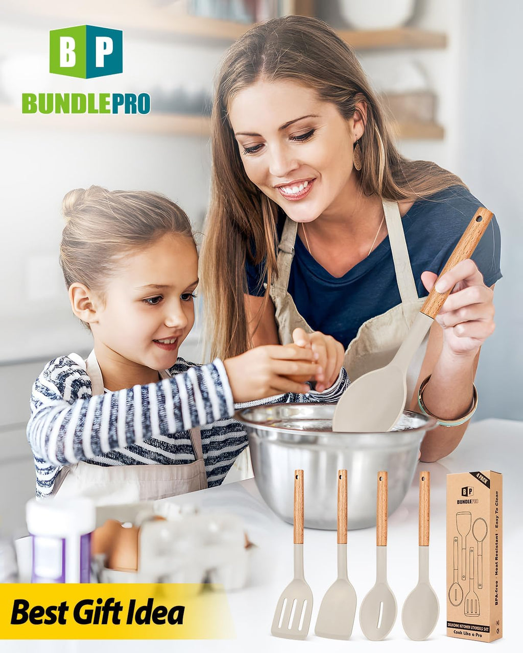 Skiennix Silicone Cooking Utensils Set - Non-Stick Spatulas & Heat-Resistant Spoons | 4-Piece Khaki Kitchen Set