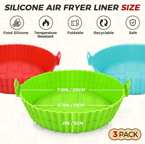 Buauty 3-Pack Air Fryer Silicone Liners - 8-Inch Reusable Food-Grade Silicone Baking Accessories